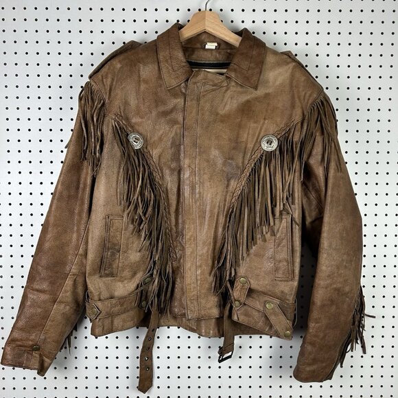 Manzoor Genuine Leather Biker Jacket 48 Brown Fringes Motorcycle Cowboy Western - Picture 2 of 10